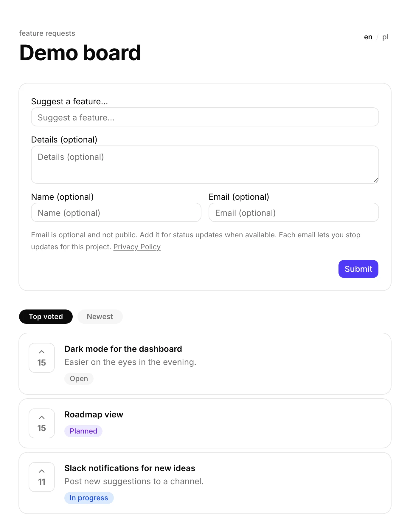 A public Sugello board with a suggestion form and suggestions sorted by votes.