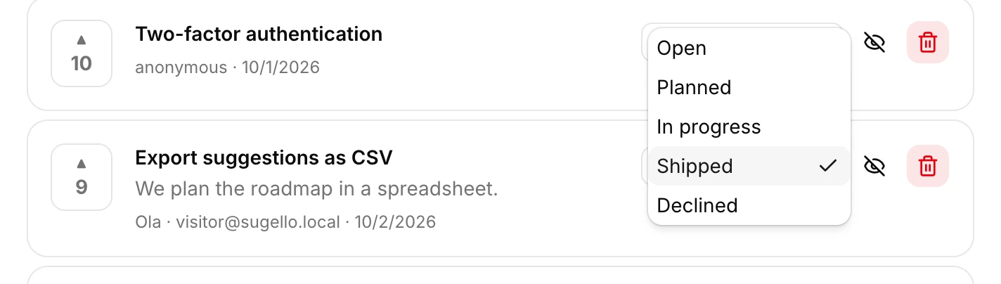 A suggestion in the Sugello dashboard with its status menu open.