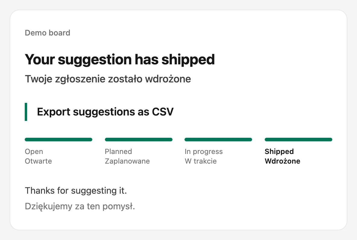The email a visitor receives when their suggestion ships.