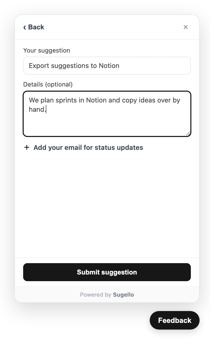 The widget's suggestion form with a title and description filled in.